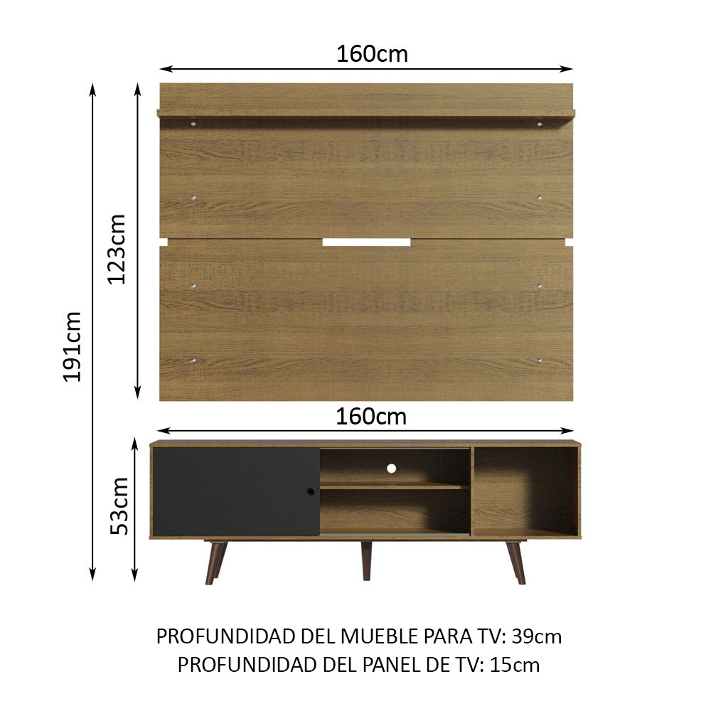 Centro de Entretenimiento para TV Dubai 160 cm Mesa y Panel Hasta 65 Pulgadas Marrón/Negro/Marrón Madesa