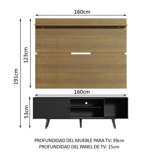Centro de Entretenimiento para TV Dubai 160 cm Mesa y Panel Hasta 65 Pulgadas Negro/Marrón (Patas Marrón) Madesa