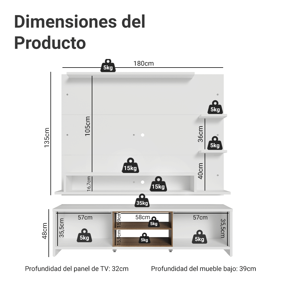 Centro de Entretenimiento para TV Metz Mesa y Panel Hasta 60 Pulgadas Blanco