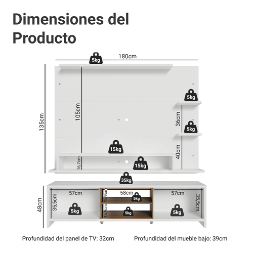 Centro de Entretenimiento para TV 180 cm Metz Mesa y Panel Hasta 60 Pulgadas Blanco Madesa