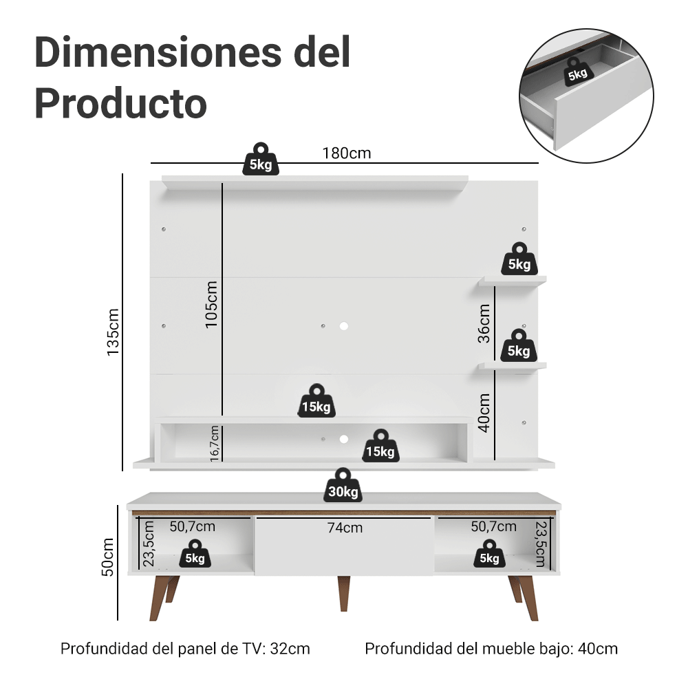Centro de Entretenimiento para TV Reims Mesa y Panel Hasta 60 Pulgadas Blanco