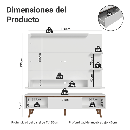 Centro de Entretenimiento para TV Reims Mesa y Panel Hasta 60 Pulgadas Blanco