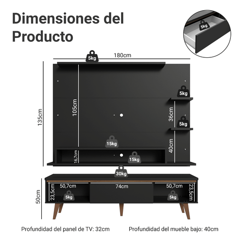 Centro de Entretenimiento para TV Reims Mesa y Panel Hasta 60 Pulgadas Negro