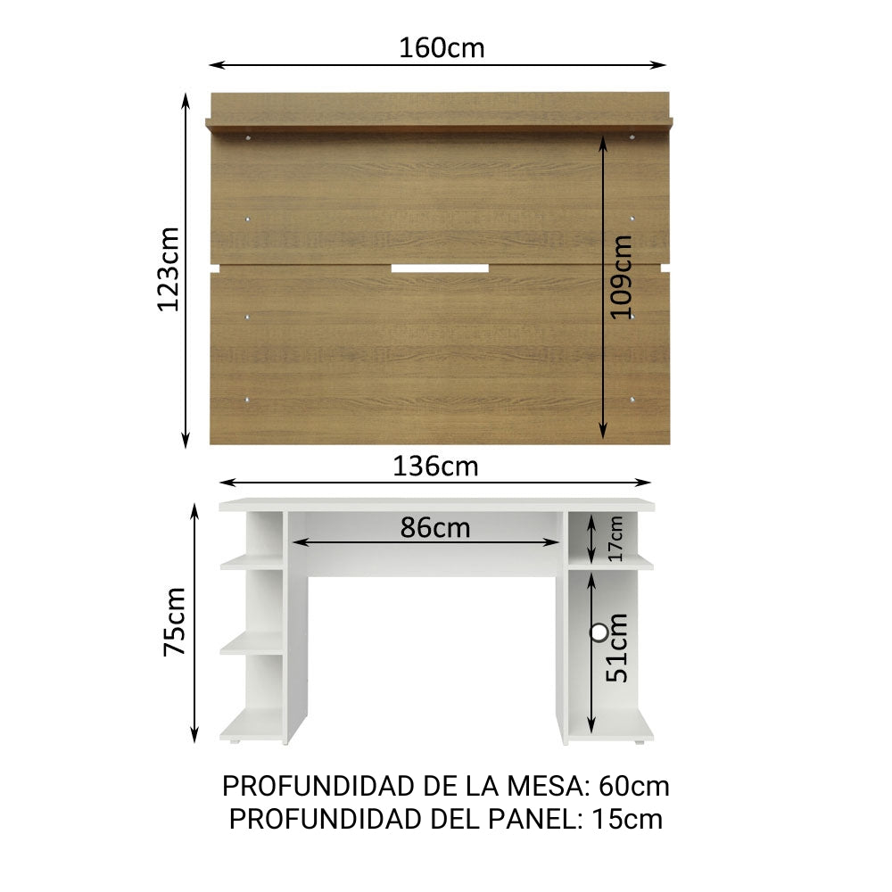 Escritorio Gamer 136 cm Moderno + Panel para TV Hasta 65 Pulgadas Blanco/Marrón Madesa