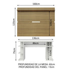 Escritorio Gamer 136 cm Moderno + Panel para TV Hasta 65 Pulgadas Blanco/Marrón Madesa