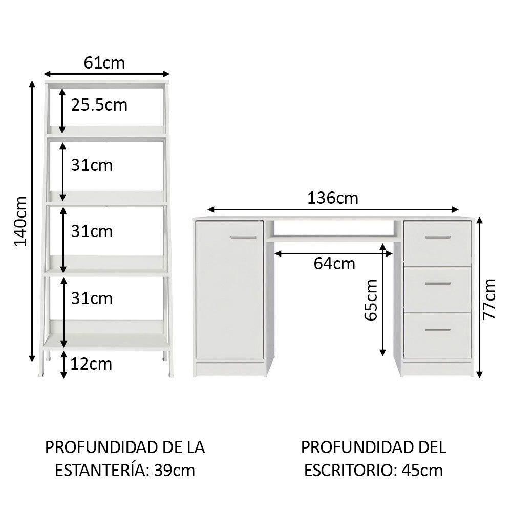 Escritorio de Oficina Alaska 136 cm + Mueble Estante Librero Blanco Madesa