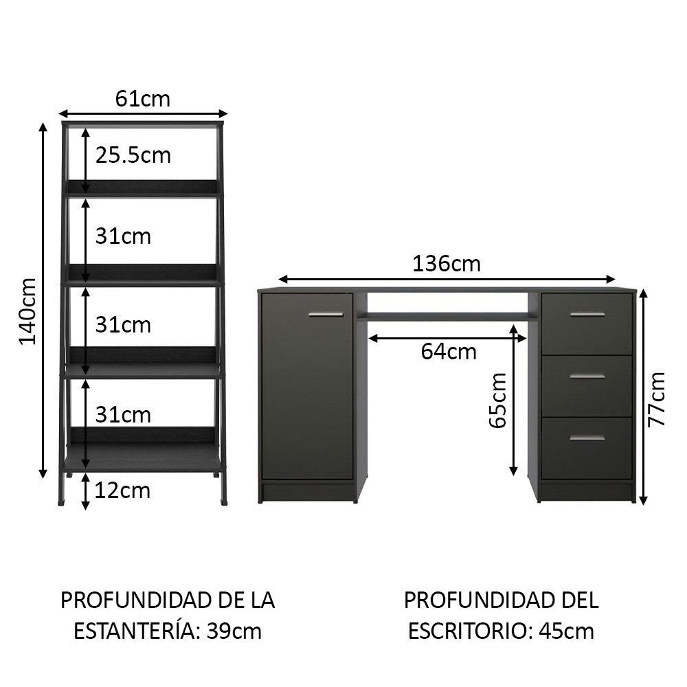 Escritorio de Oficina 136 cm Alaska + Mueble Estante Librero Negro Madesa
