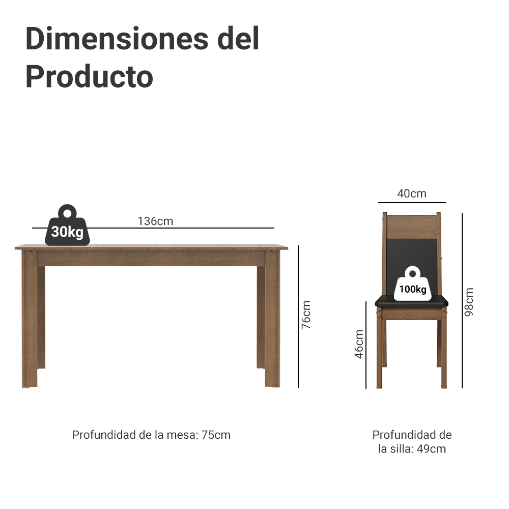 Juego de Comedor Cali con 4 Sillas Marrón/Negro