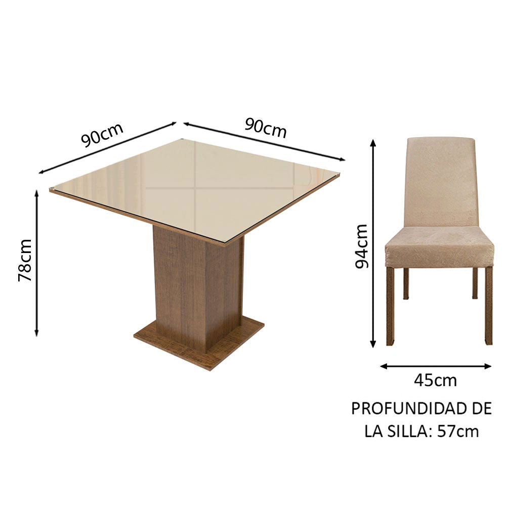 Juego de Comedor Evelin con 4 Sillas - Tablero de Madera y Cristal