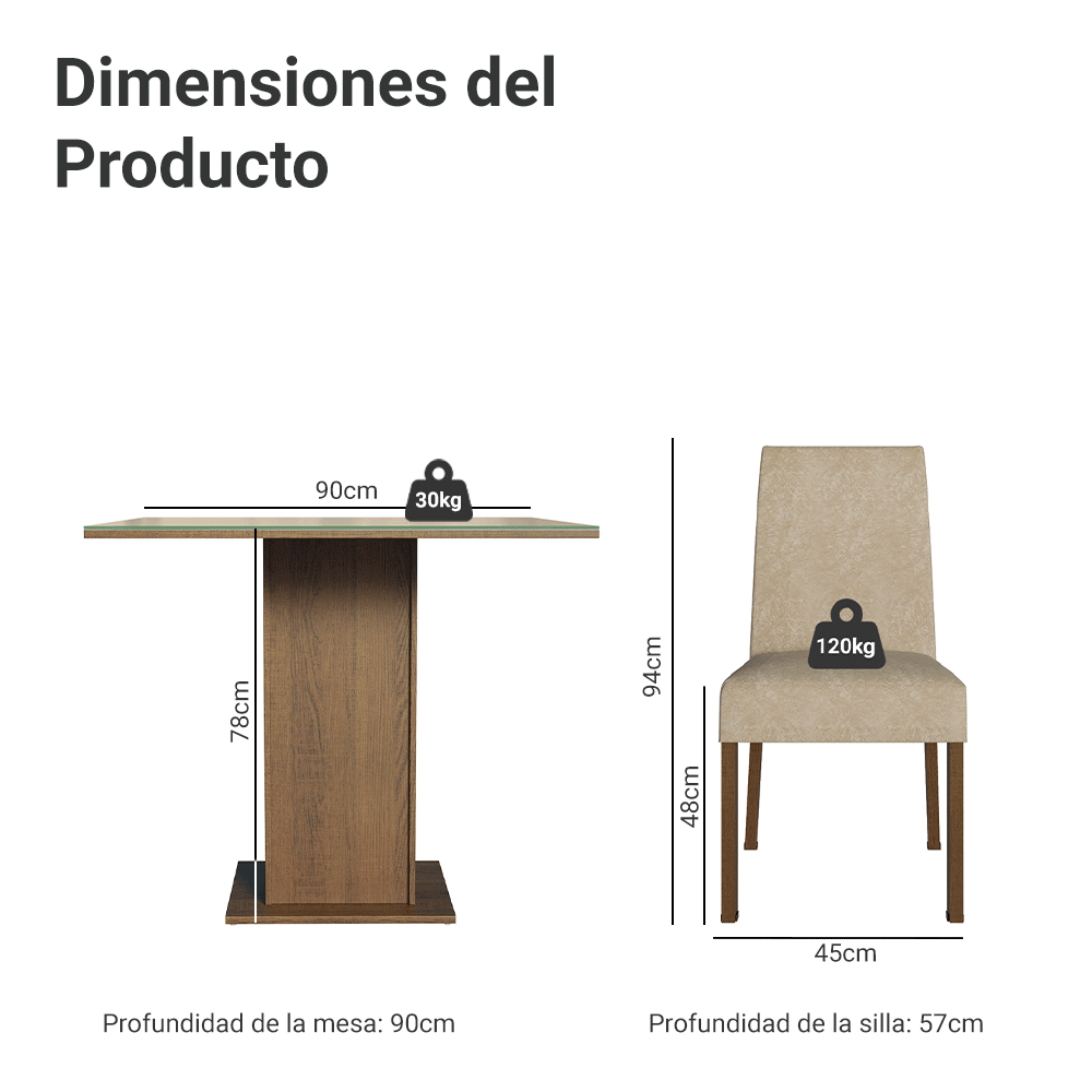 Juego de Comedor Evelin con 4 Sillas - Tablero de Madera y Cristal