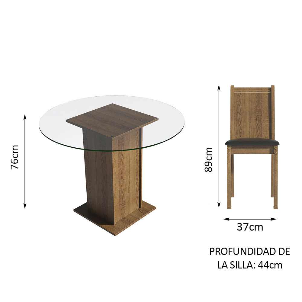 Juego de Comedor Débora con 4 Sillas - Encimera Redonda de Cristal Marrón/Negro