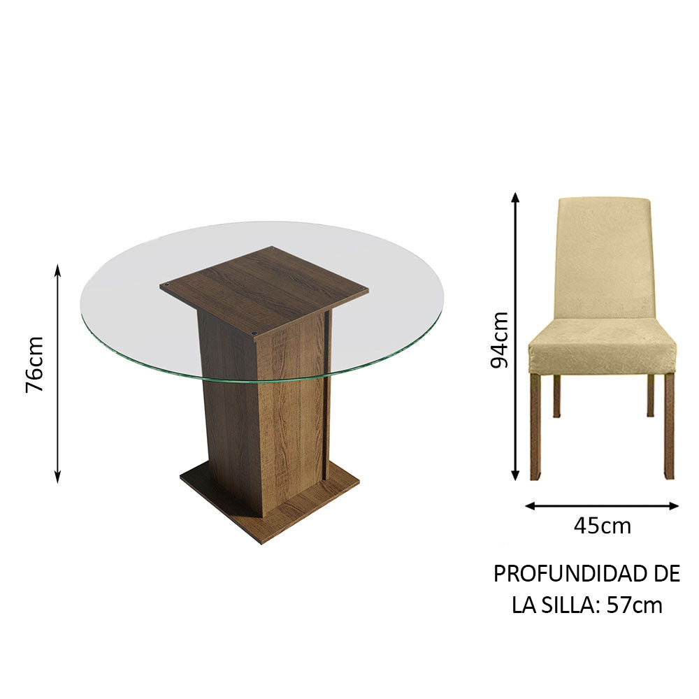 Juego de Comedor Mile con 4 Sillas - Encimera Redonda de Cristal Marrón/Imperial