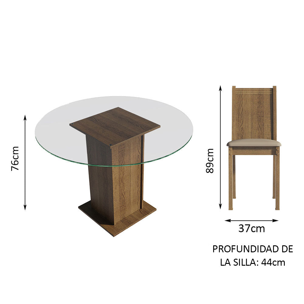Juego de Comedor Paula con 4 Sillas - Encimera Redonda de Cristal Marrón/Beige