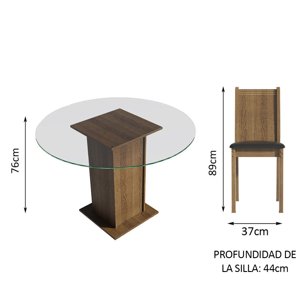Juego de Comedor Paula con 4 Sillas - Encimera Redonda de Cristal Marrón/Negro
