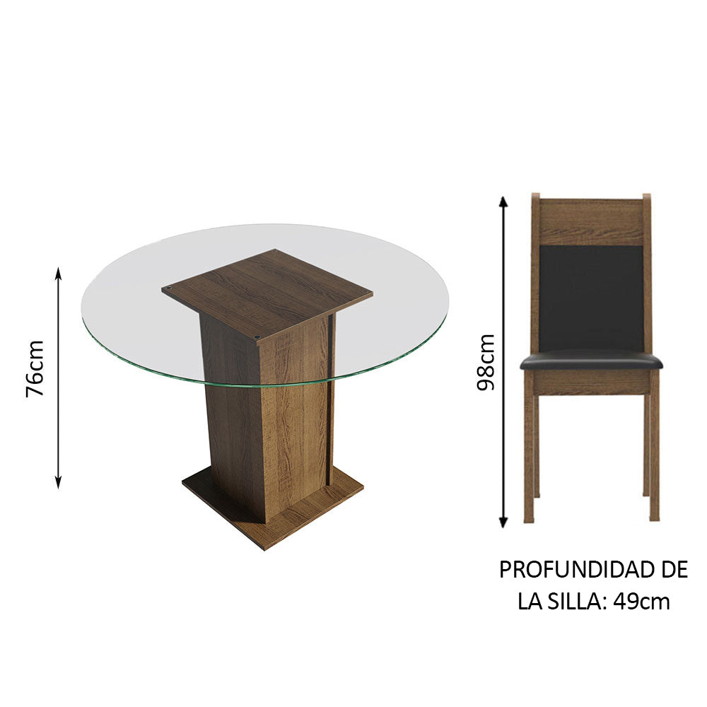 Juego de Comedor Ana con 4 Sillas - Encimera Redonda de Cristal Marrón/Negro