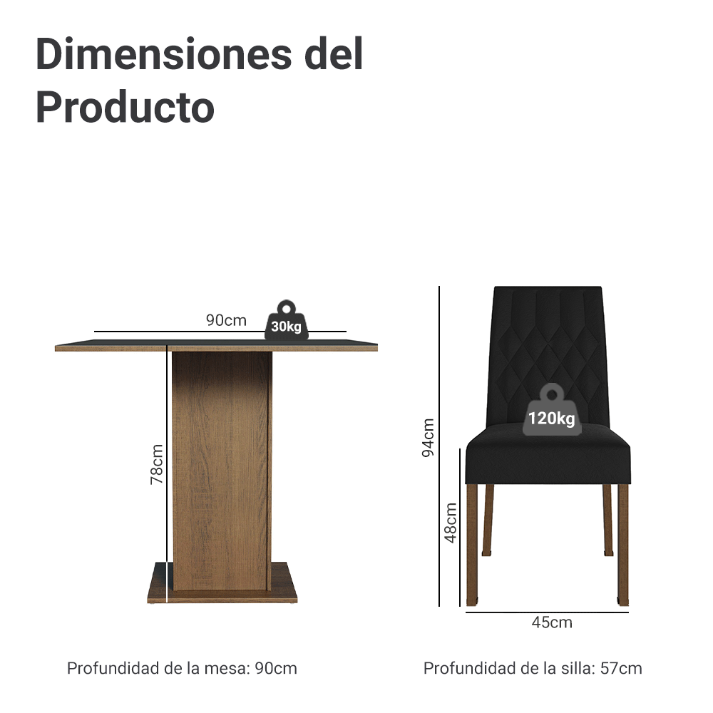 Juego de Comedor Livia Tablero Cuadrado de Madera con 4 Sillas Oxford Madesa