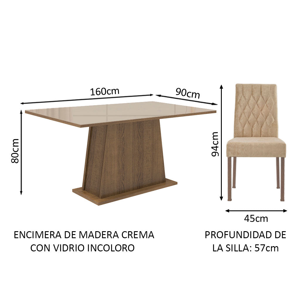 Juego de Comedor Aryeli con 4 Sillas - Tablero de Madera y Cubierta de Cristal Marrón/Crema/Imperial