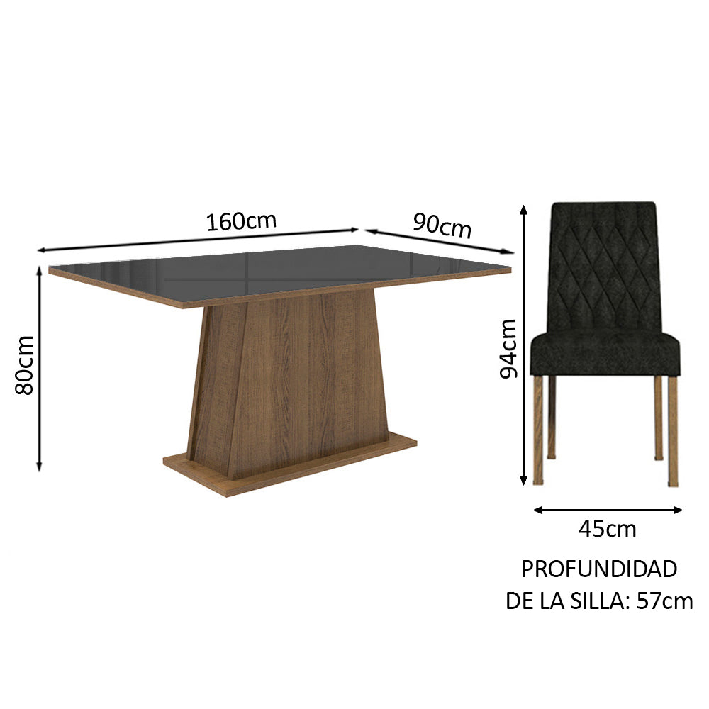 Juego de Comedor Aryeli con 4 Sillas - Tablero de Madera y Cubierta de Cristal Marrón/Negro/Oxford