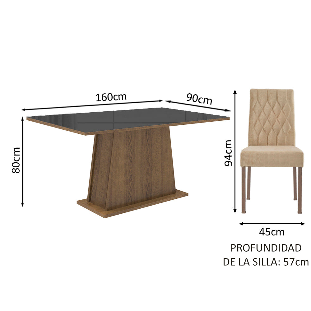 Juego de Comedor Aryeli con 4 Sillas - Tablero de Madera y Cubierta de Cristal Marrón/Negro/Imperial
