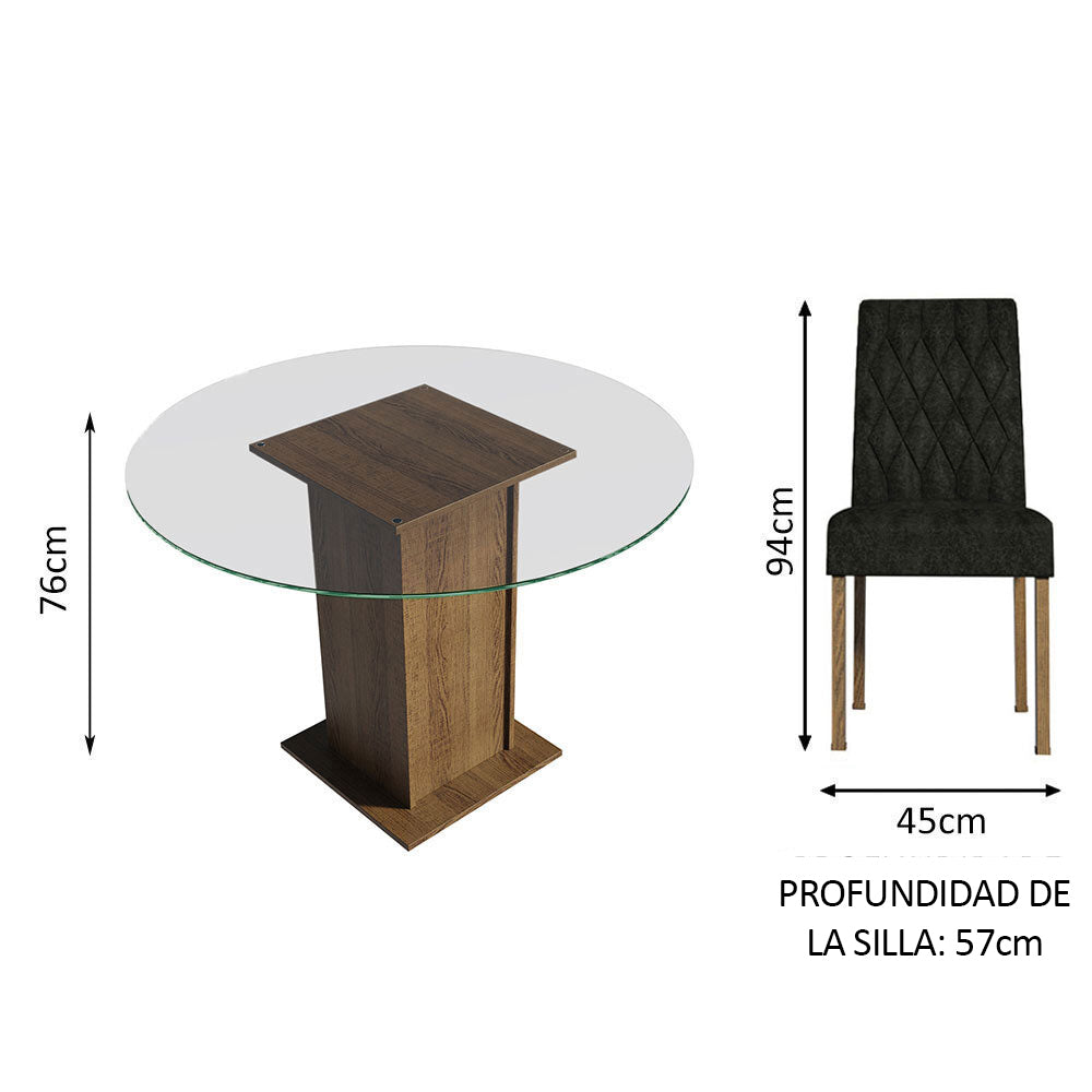 Juego de Comedor Irene con 4 Sillas - Encimera Redonda de Cristal Marrón/Oxford