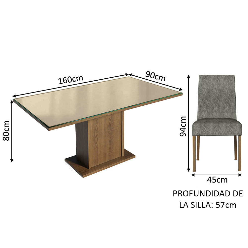 Juego de Comedor Avril con 4 Sillas - Tablero de Madera y Cubierta de Cristal Marrón/Crema/Plateado