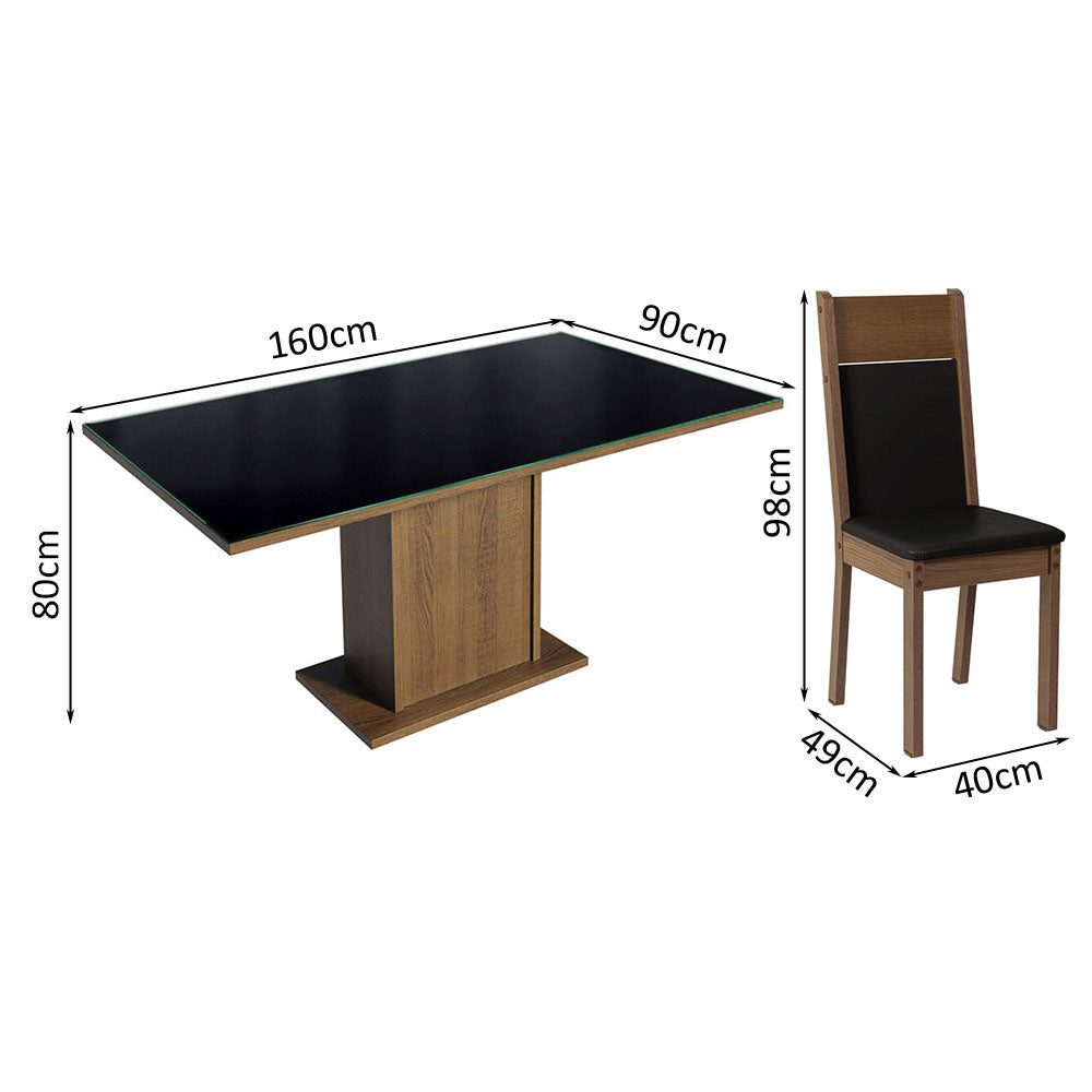 Juego de Comedor Greta con 4 Sillas - Tablero de Madera y Cubierta de Vidrio Negro/Marrón