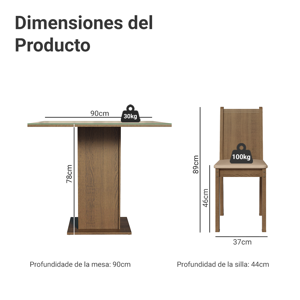 Juego de Comedor Perla con 4 Sillas - Tablero de Madera y Cubierta de Cristal Marrón/Crema/Beige