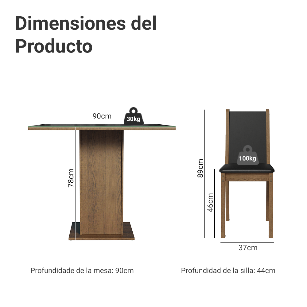 Juego de Comedor Tifani con 4 Sillas - Tablero de Madera y Cubierta de Cristal Marrón/Negro