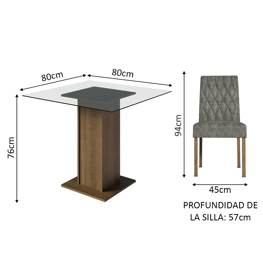 Juego de Comedor Noemi con 4 Sillas Encimera Cuadrada de Cristal Marrón/Plateado