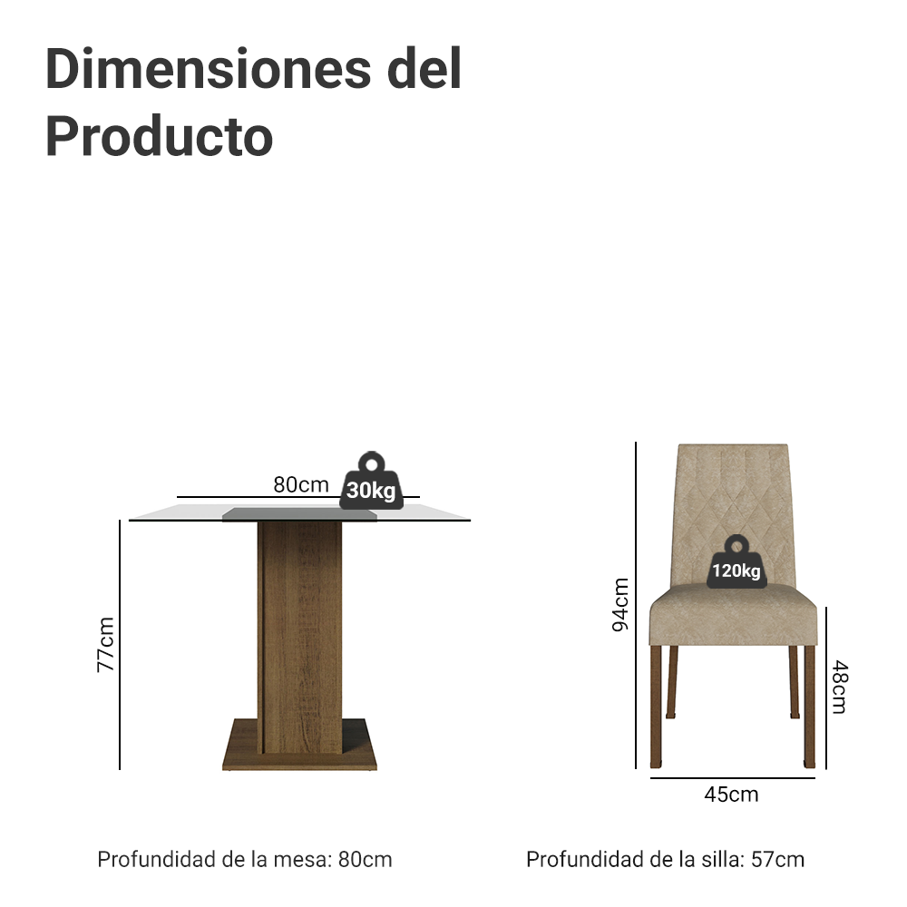 Juego de Comedor Noemi con 4 Sillas Encimera Cuadrada de Cristal Marrón/Imperial