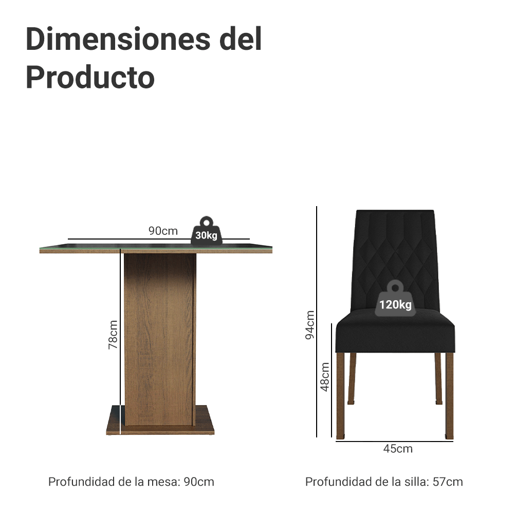 Juego de Comedor Anaju con 4 Sillas Oxford - Tablero de Madera y Cristal Marrón/Negro/Oxford