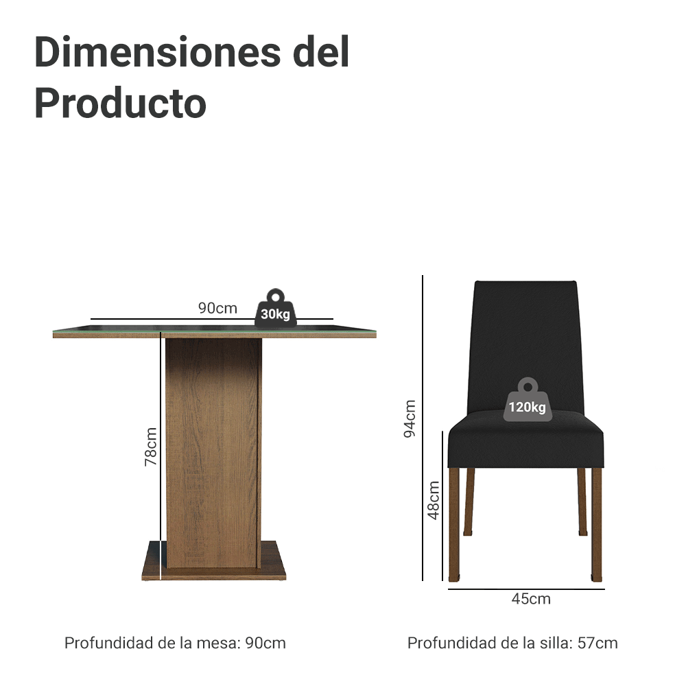 Juego de Comedor Evelin con 4 Sillas Oxford - Tablero de Madera y Cristal Marrón/Negro/Oxford