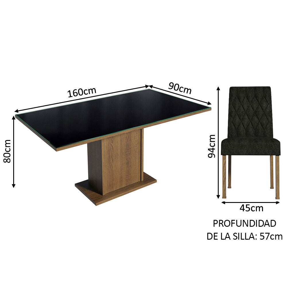 Juego de Comedor Marilia con 4 Sillas - Tablero de Madera y Cubierta de Cristal Marrón/Negro/Oxford