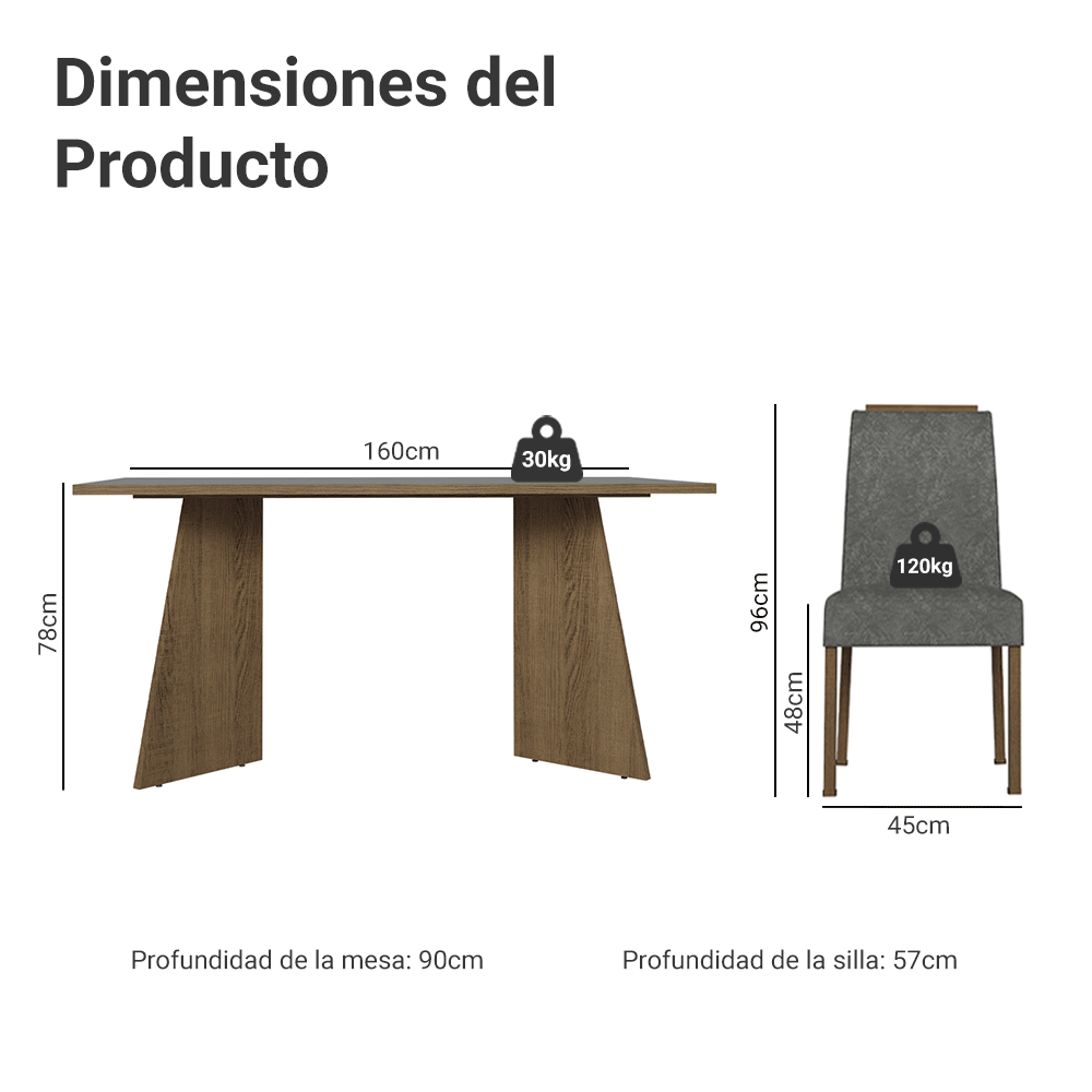 Juego de Comedor Évora con 4 Sillas Marrón/Gris/Plateado