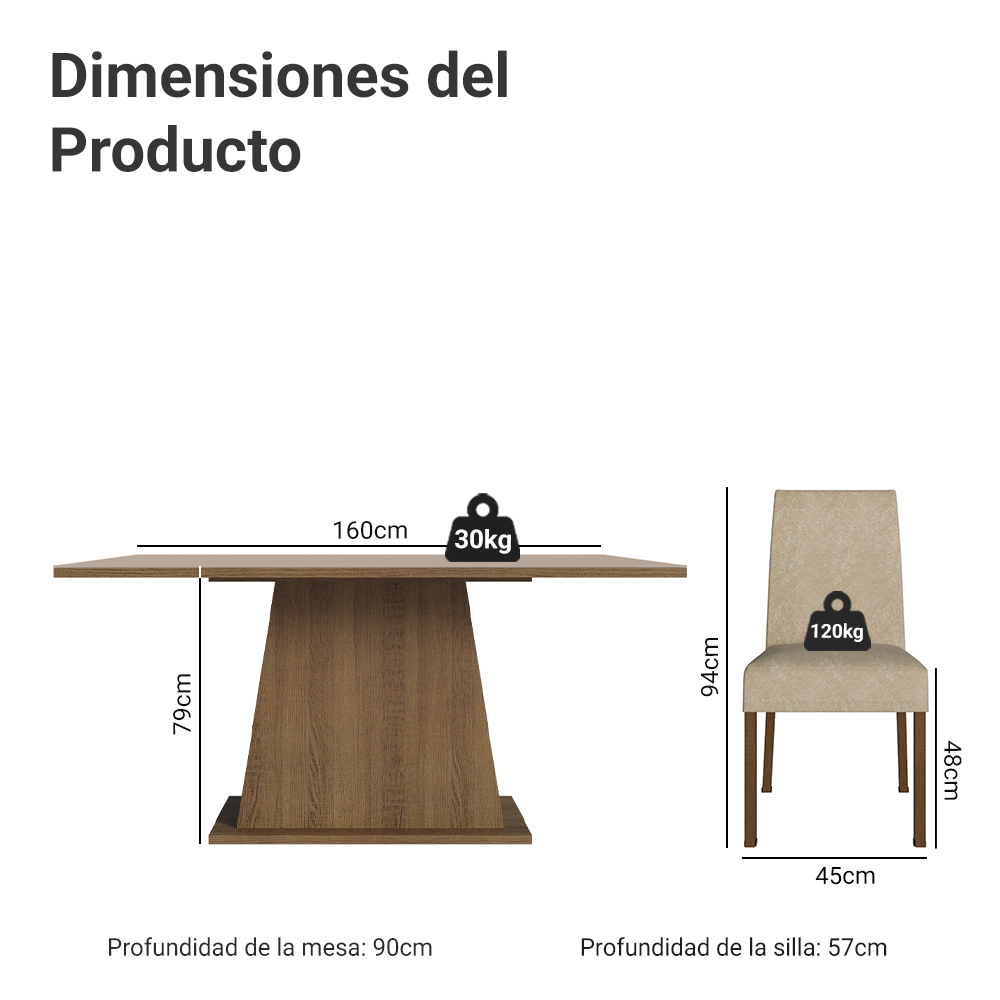 Juego de Comedor Patricia con 6 Sillas - Tablero de Madera y Cristal Marrón/Crema/Imperial