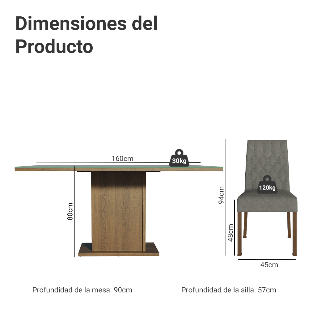 Juego de Comedor Geórgia con 6 Sillas - Tablero de Madera y Cubierta de Cristal Marrón/Gris/Plateado