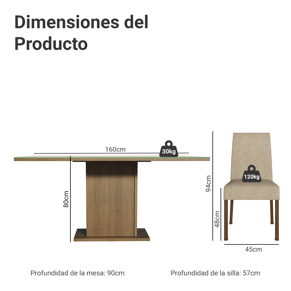 Juego de Comedor Alexis con 6 Sillas - Tablero de Madera y Cubierta de Cristal Marrón/Crema/Imperial