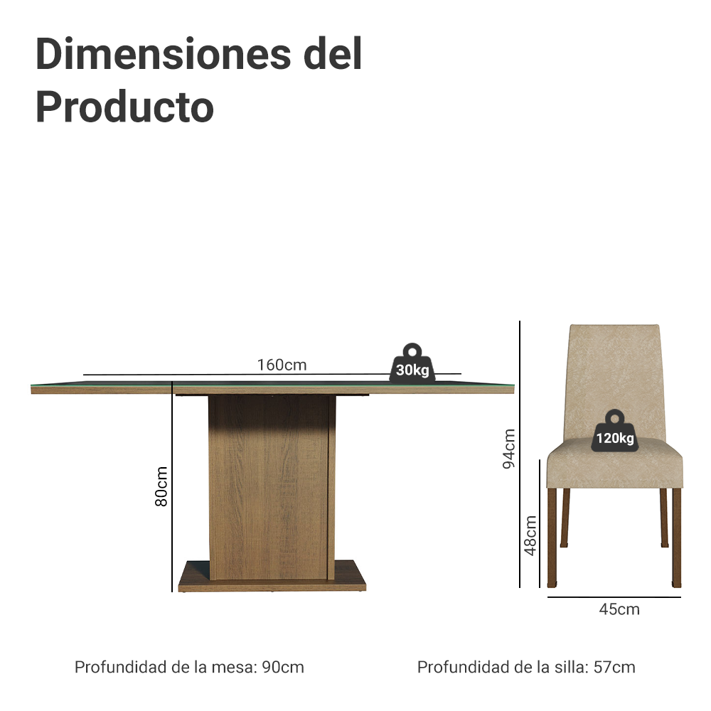 Juego de Comedor Alexis con 6 Sillas - Tablero de Madera y Cubierta de Cristal Marrón/Negro/Imperial
