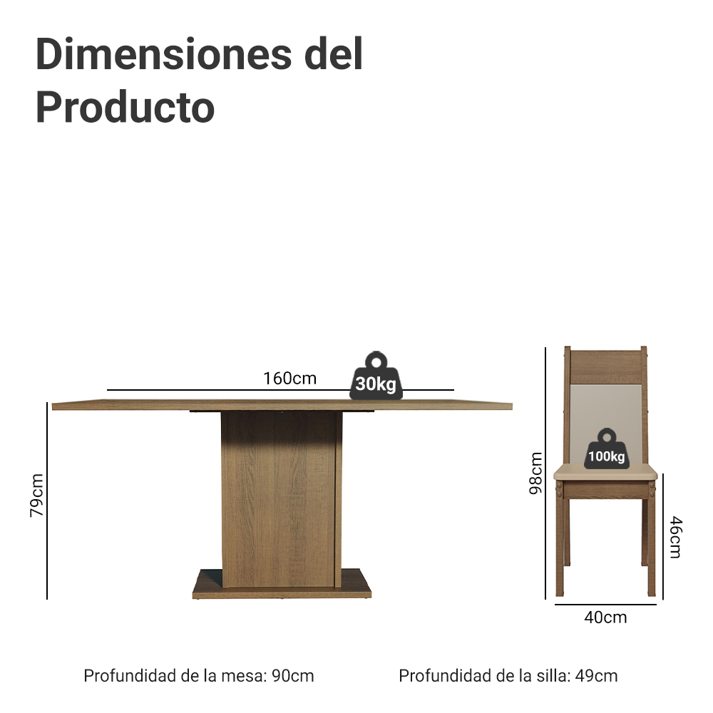 Juego de Comedor Augusta con 6 Sillas Marrón/Crema/Beige