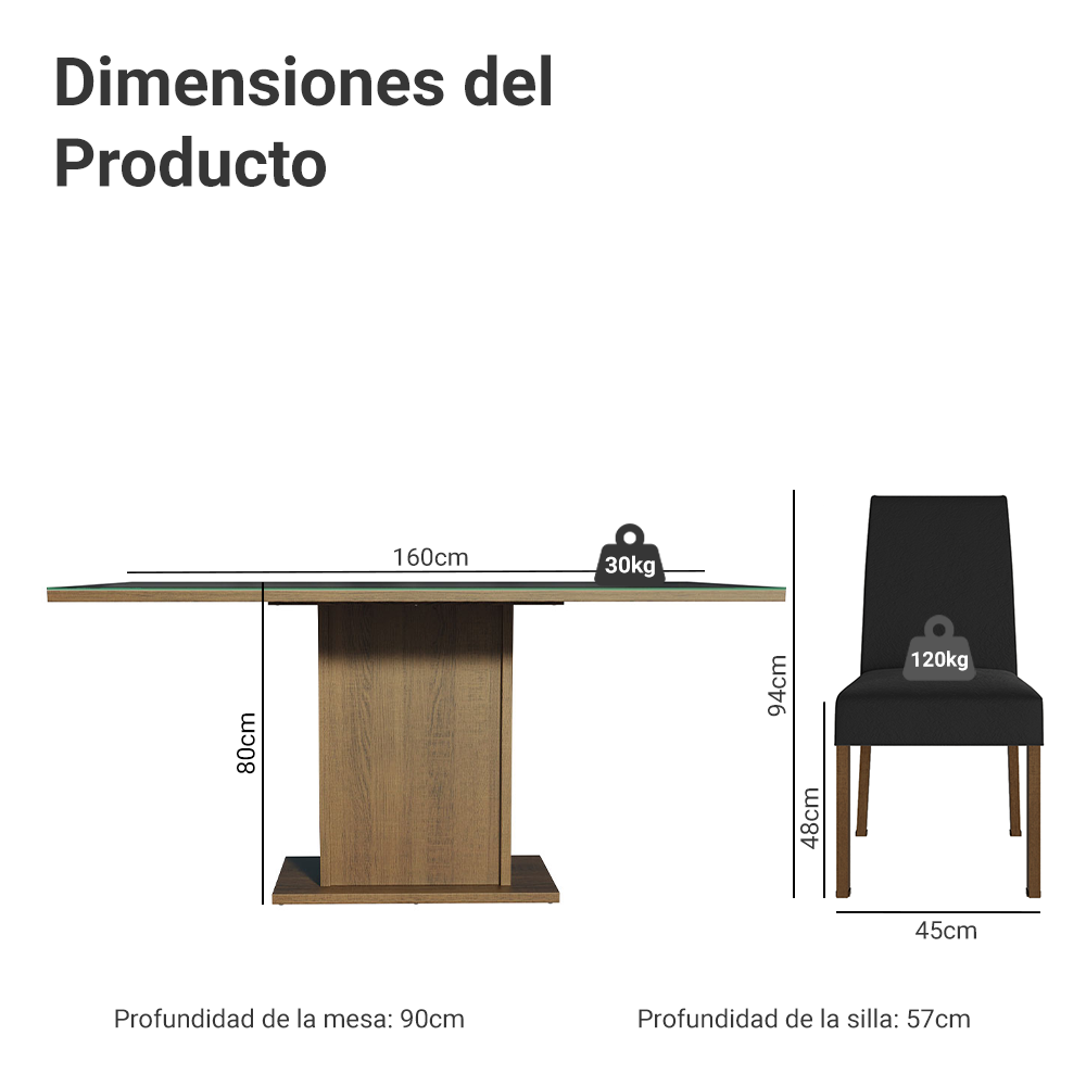 Juego de Comedor Alexis con 6 Sillas - Tablero de Madera y Cubierta de Cristal Marrón/Negro/Oxford