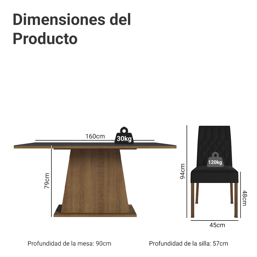 Juego de Comedor Stéfani con 6 Sillas - Tablero de Madera y Cubierta de Cristal Marrón/Negro/Oxford