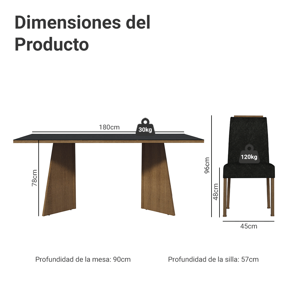 Juego de Comedor Amalfi con 6 Sillas - Tablero de Madera y Cristal Marrón/Negro/Oxford