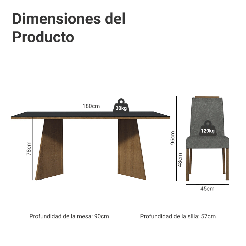Juego de Comedor Amalfi con 6 Sillas - Tablero de Madera y Cristal Marrón/Negro/Plateado