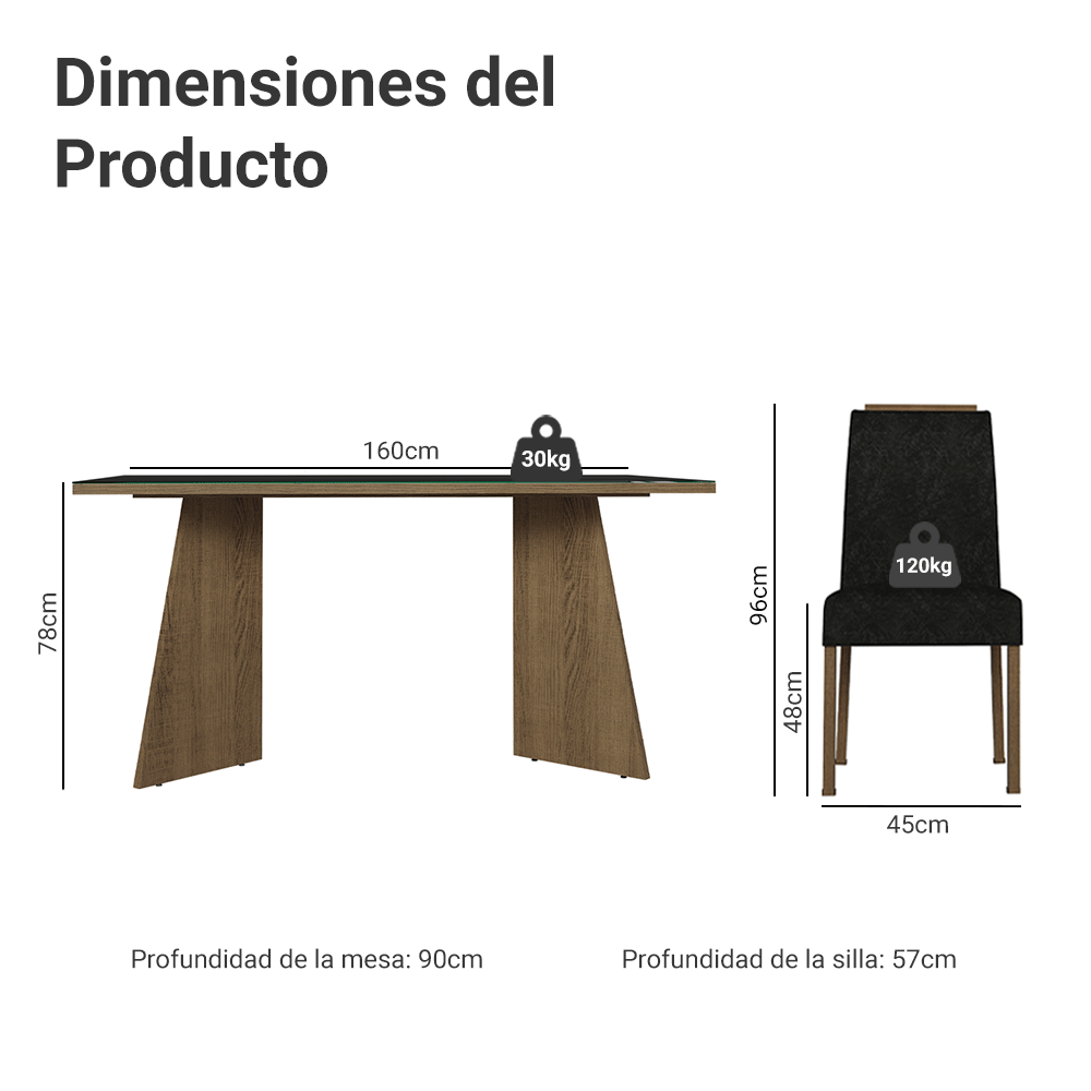 Juego de Comedor Madrid con 6 Sillas - Tablero de Madera y Cristal Marrón/Negro/Oxford
