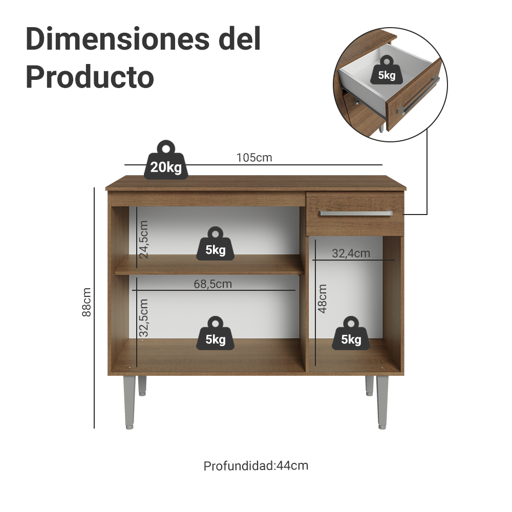 Buffet Aparador Vajillero Madesa 105 cm Marrón