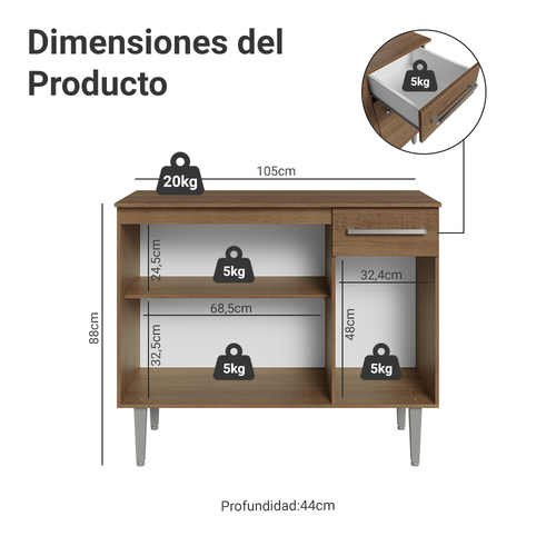 Buffet Aparador Vajillero Madesa 105 cm Marrón