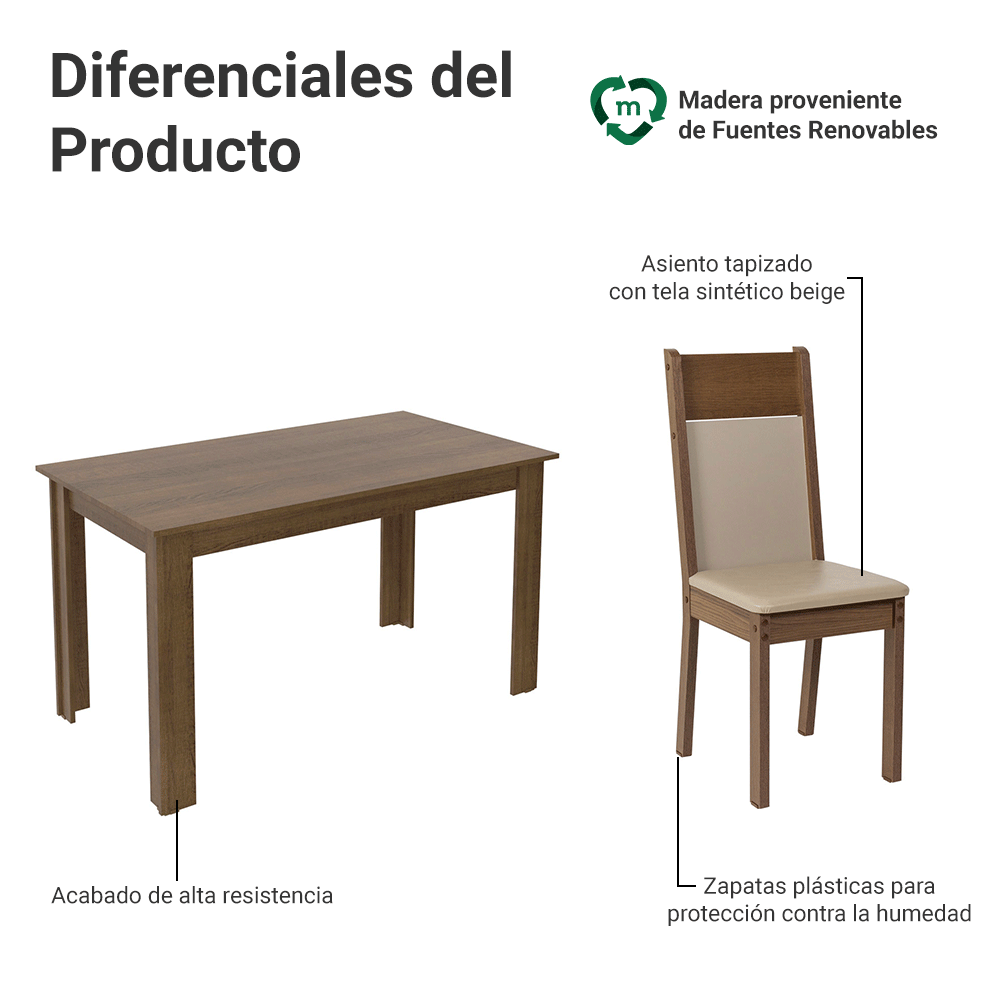 Juego de Comedor Jaíne con 6 Sillas Marrón/Beige