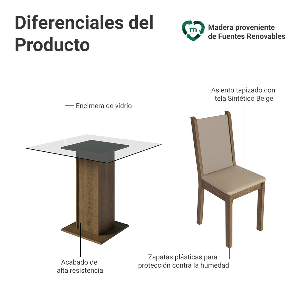 Juego de Comedor Aline con 4 Sillas - Encimera Cuadrada de Cristal Marrón/Crema/Beige
