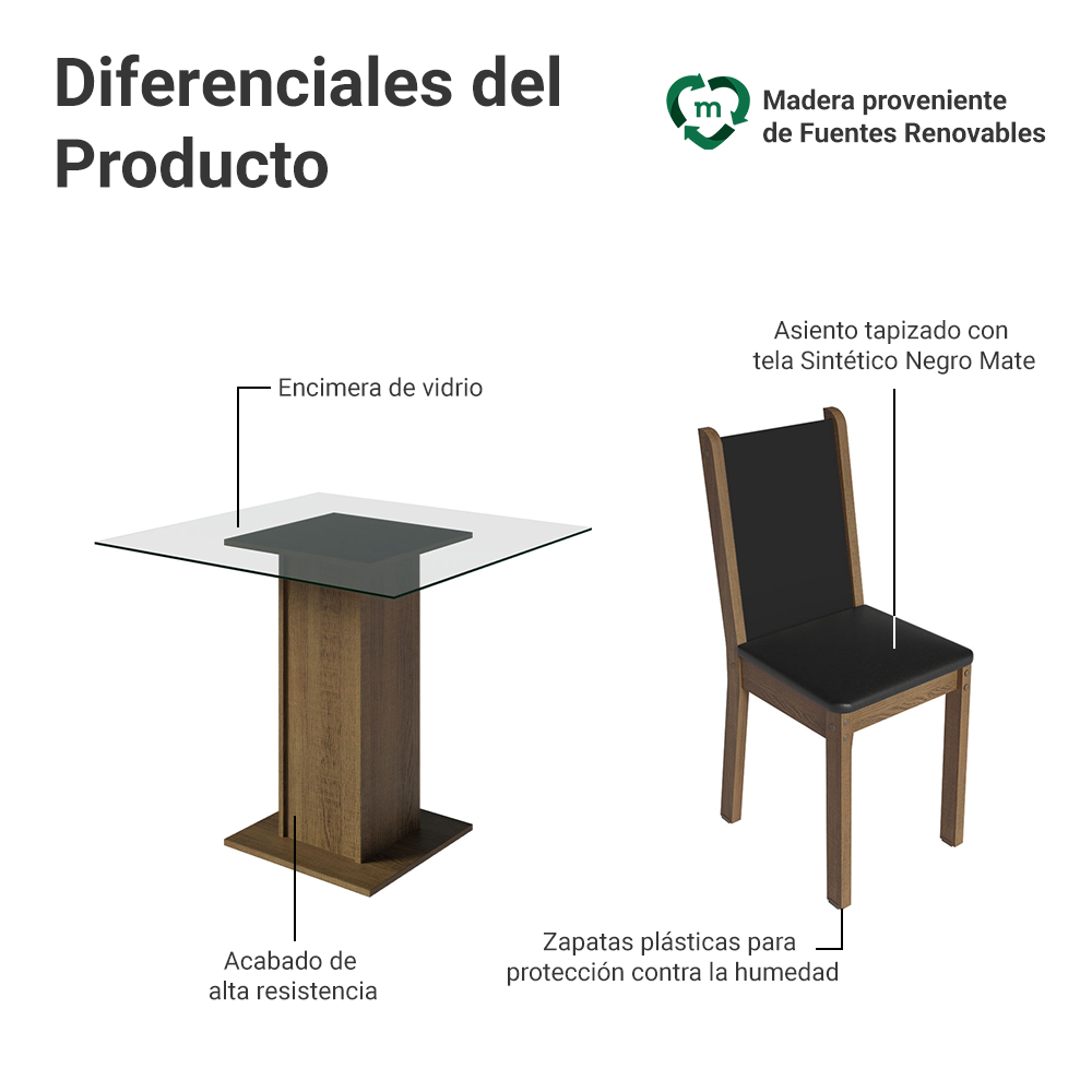 Juego de Comedor Aline con 4 Sillas - Encimera Cuadrada de Cristal Marrón/Negro
