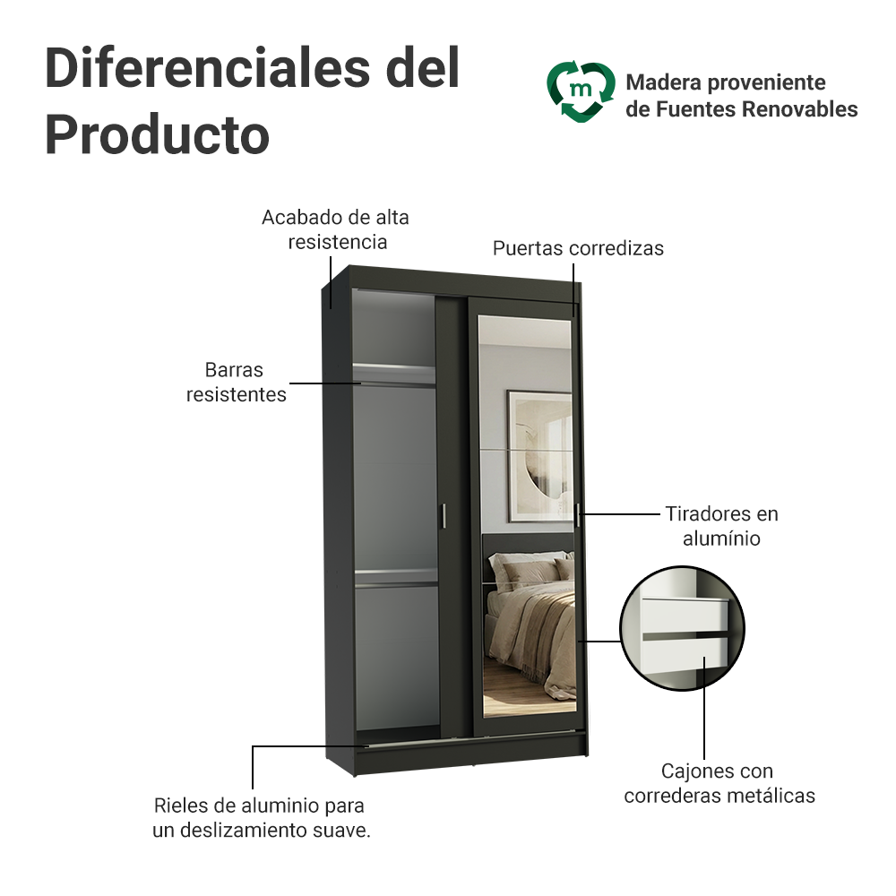 Clóset Tokio 2 Puertas Corredizas 1 Espejo Negro 218 cm x 109 cm x 54 cm